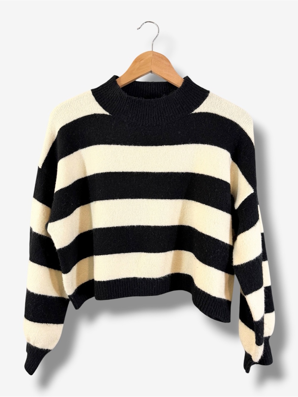 The Korner Black Ivory Striped Wool Blend Mock Neck Sweater S/M Boxy Cropped